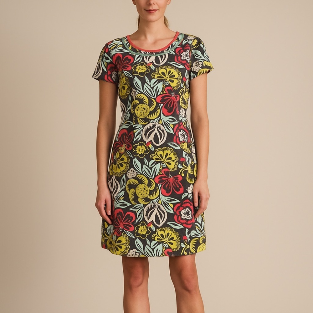 Boden Corduroy Round Neck Floral Dress US 2R UK 6 Short Sleeves Pockets Casual